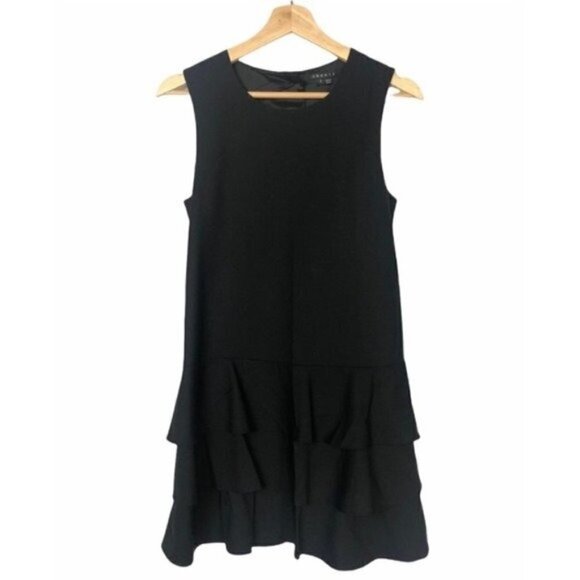 Theory Black Wool Drop Waist Selma Button Back Bottom Ruffle Dress 2 - Picture 1 of 8